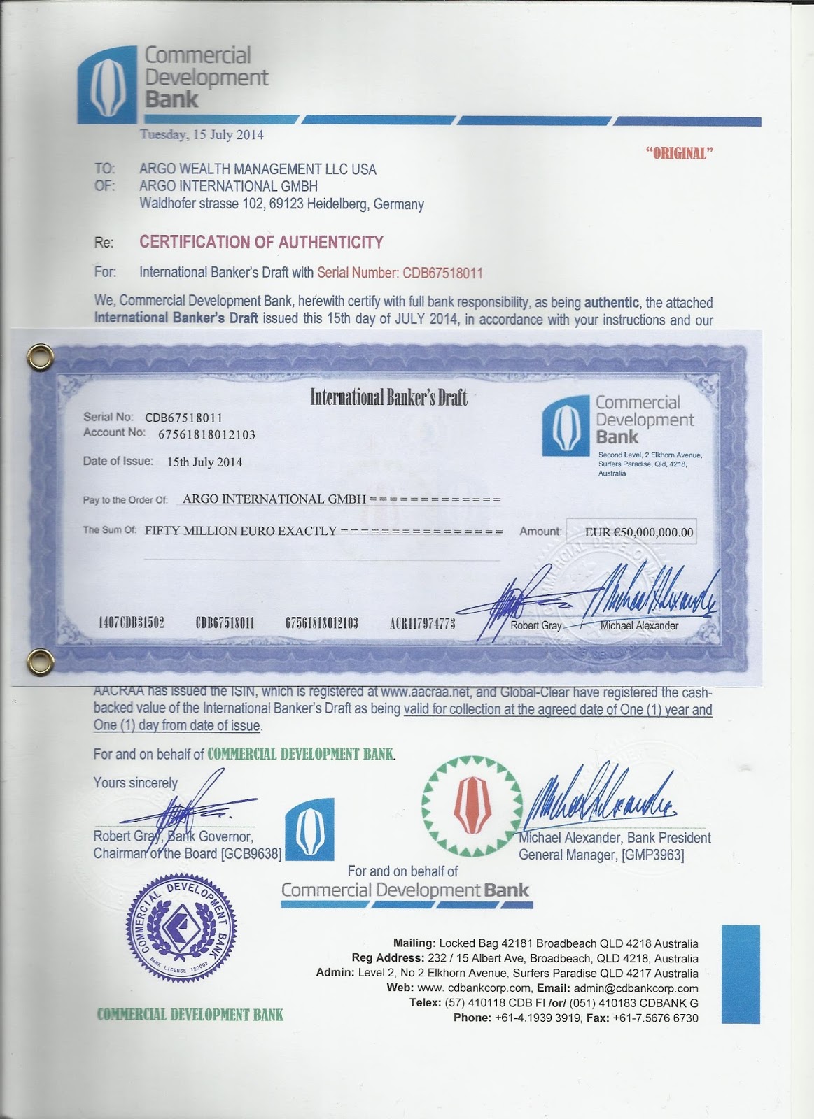 ARGO WEALTH MANAGEMENT LLC USA BANK DRAFTS ISSUED BY COMMERCIAL