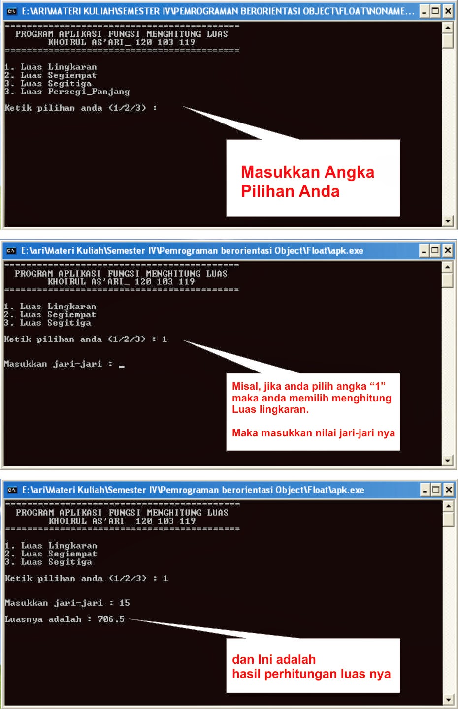 * Coding "PROGRAM APLIKASI FUNGSI MENGHITUNG LUAS"