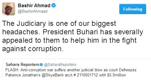 nn The Judiciary is one of our biggest headaches- Presidential aide, Bashir Ahmad reacts to court unfreezing Patience Jonathan's $5.9m account