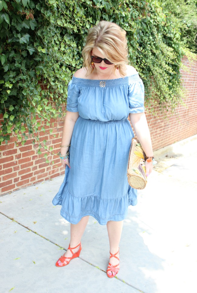 Old Navy chambray dress // J. Crew Wedges // Monogram necklace