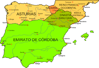 Wikipedía- Mapa de la Península Ibérica a comienzos del siglo X, con la máxima influencia de los Banu Qasi.