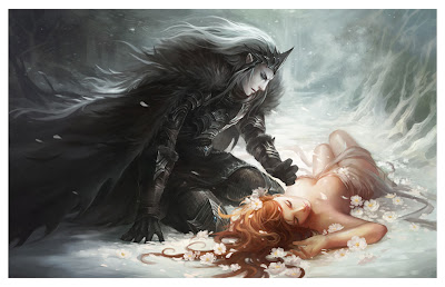 Hades kneels by the prone body of Persephone