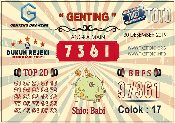 Prediksi Togel GENTING DRAWING TIKETTOTO 30 DESEMBER 2019
