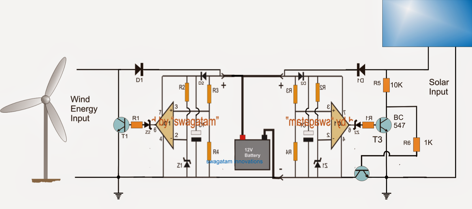 Solar, Wind, 2-Input Hybrid Battery Charger Circuit