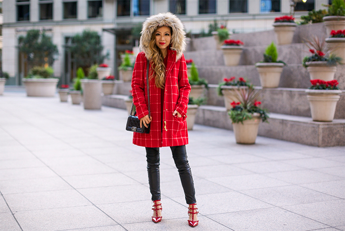 J crew Chateau parka in windowpane check, red checker coat, j crew chateau parka, coats for the holidays, moto pants, leather leggings, valentino rock studs, chanel boy bag, bauble bar gem tassels earrings, rebecca minkoff sweater, holiday outfit ideas, san francisco fashion blog, san francisco street style