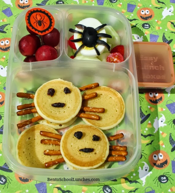 Spider pancakes breakfast for lunch, Halloween, school lunch