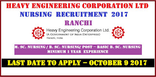Heavy Engineering Corporation Limited Ranchi Nursing Tutor Recruitment  2017