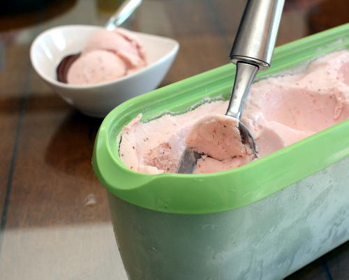 Strawberry Ice Cream in a specialty container ♥ KitchenParade.com, made with an easy no-cook ice cream base. Big strawberry flavor, way more than a bare hint. Weight Watchers Friendly.
