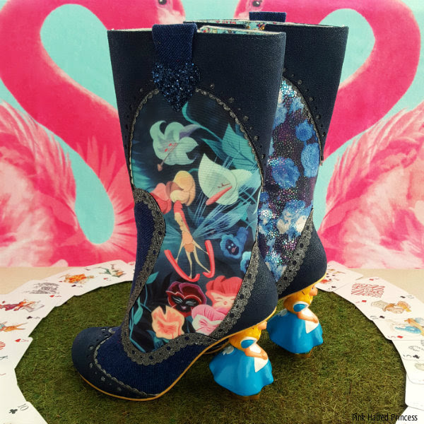 Irregular Choice Alice Lost Your Muchness boots side left boot with right boot in background showing image on side