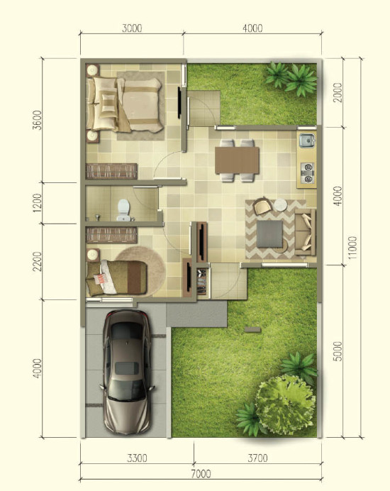Lingkar Warna Denah Rumah Minimalis Ukuran 7x11 Meter 2 Kamar