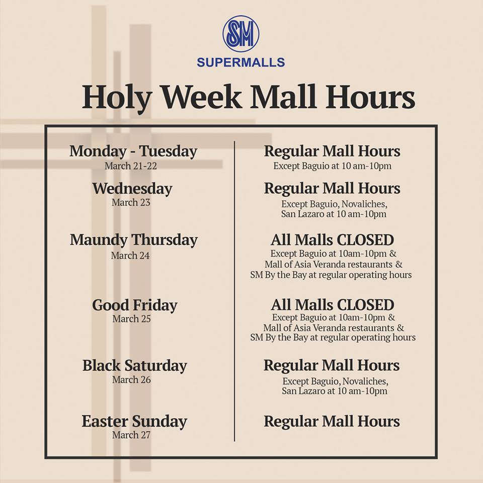 SM, other major malls Holy Week 2016 schedule released