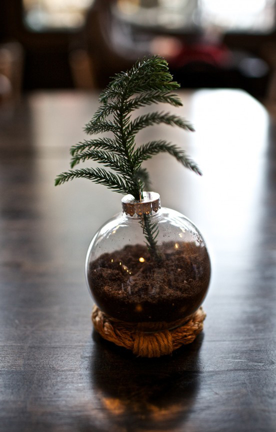 Christmas tree bruch placed inside a clear ornament ball as tabletop decoration. Mini tabletop Christmas tree diy by Gimme Some Style.