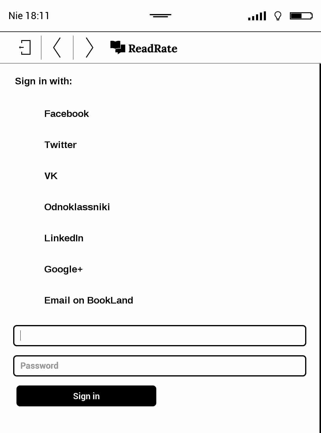 Opcje logowania do aplikacji społecznościowej ReadRate na czytniku PocketBook Touch HD 2