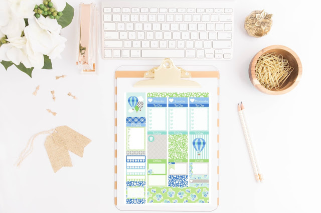 Blue, green, grey, floral, hot air balloon planner stickers.