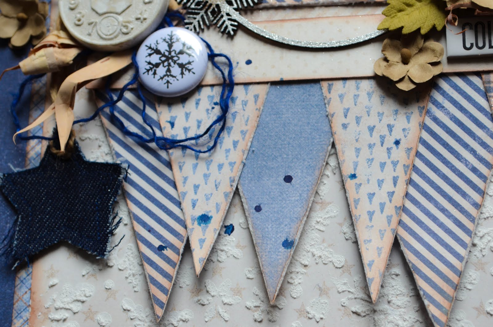 Blue and white with beige Winter "Snow Bear" Scrapbook Layout with texture paste snowflakes, plaid, snowflakes, chipboard, flair with flowers by 49&Market