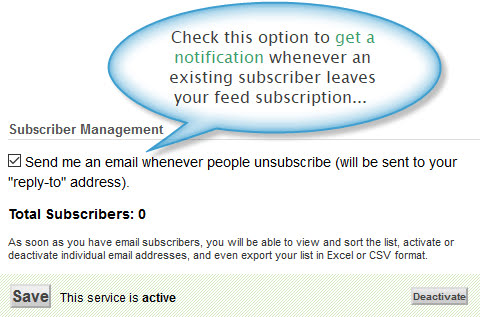 Unsubscribe notification setting in Feedburner