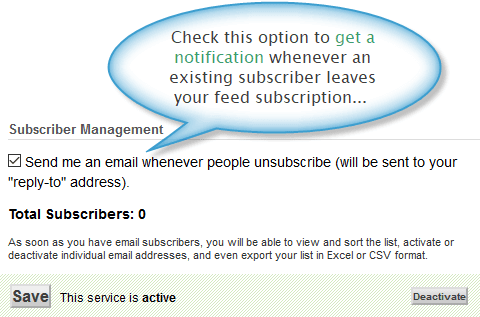 Unsubscribe notification setting in Feedburner