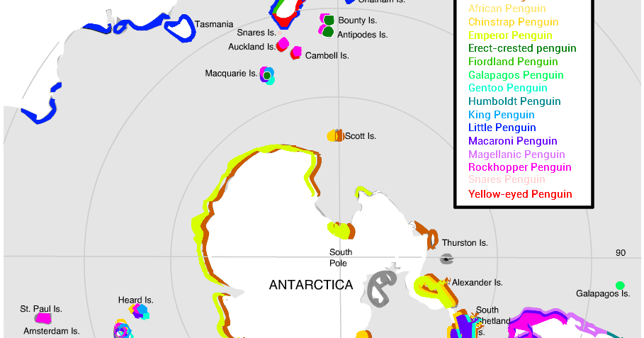 Geographical distributions of penguin species