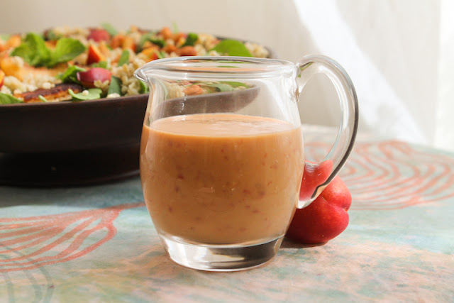 Food Lust People Love: Chili Peach Vinaigrette - Don’t let the pale peach color of this lovely chili peach vinaigrette fool you. The flavor is tart, sweet and spicy, in my opinion, the perfect combination. Use it to dress your favorite salad or as a marinade for chicken or pork.