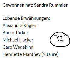 Lobende Erwähnung einer 9-Jährigen. Da freue ich mich aber! *YAY* Lobende Erwähnung einer 9-Jährigen. Da freue ich mich aber! *YAY*