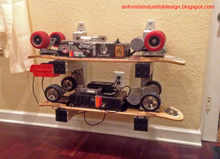 ANTONIO'S INDUSTRIAL DESIGN Electric Skateboard Rack using 8020