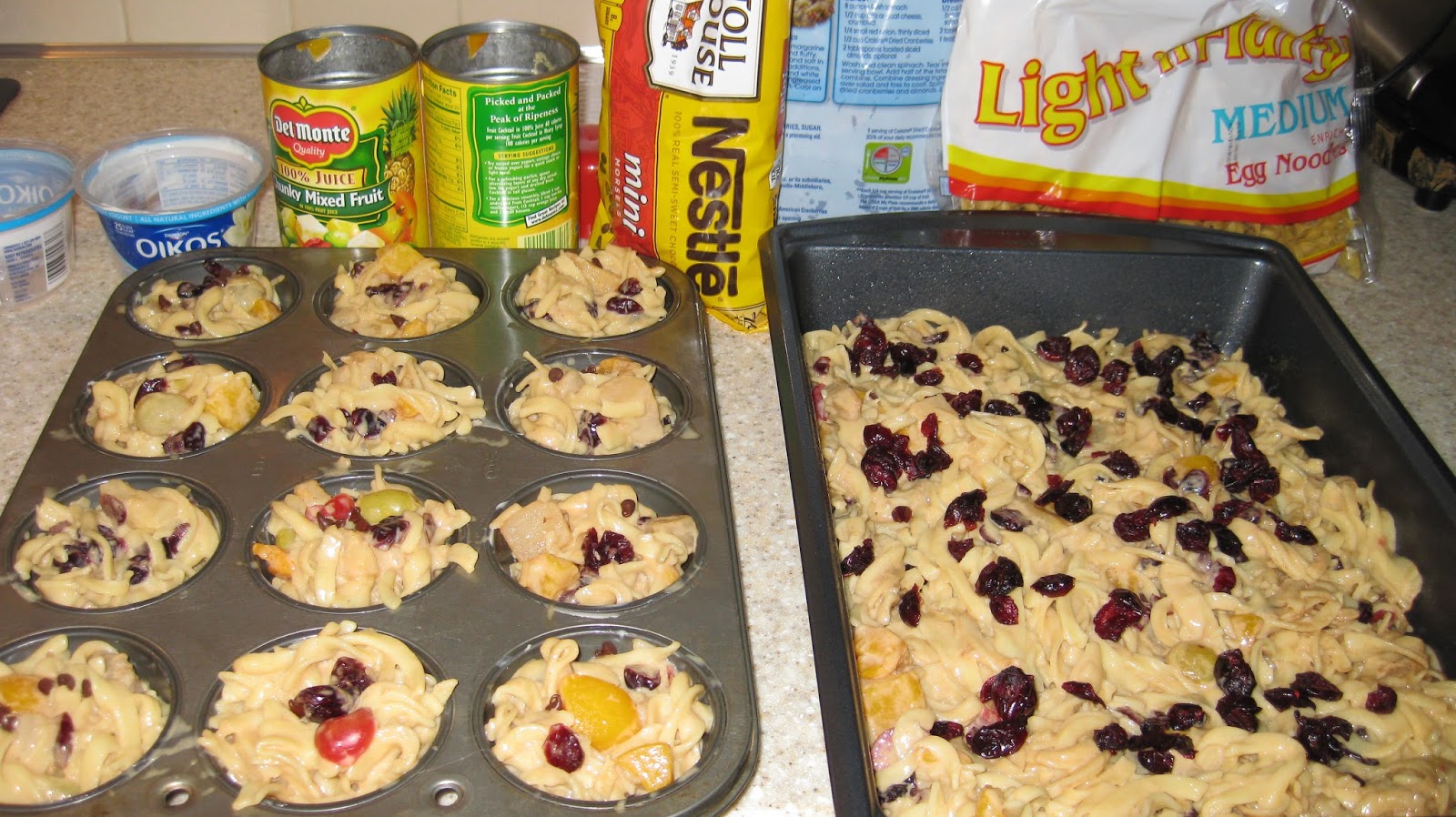 Precious Cooking Chocolate chip, fruit cocktail, Noodle Kugel