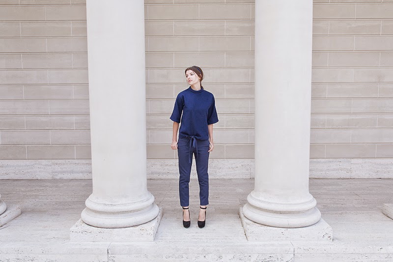 alyssa nicole fall 2014, alyssa nicole designer, san francisco, san francisco fashion, lookbook, couture, turtle neck, wool blouse, wool turtle neck, bell sleeves, trousers, cigarette pant, navy trousers, 