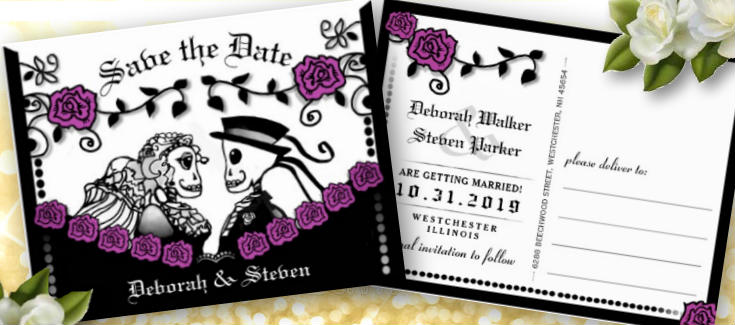 Save the Date Gothic Wedding Bride & Groom Skeletons with Purple Roses Custom PostCard