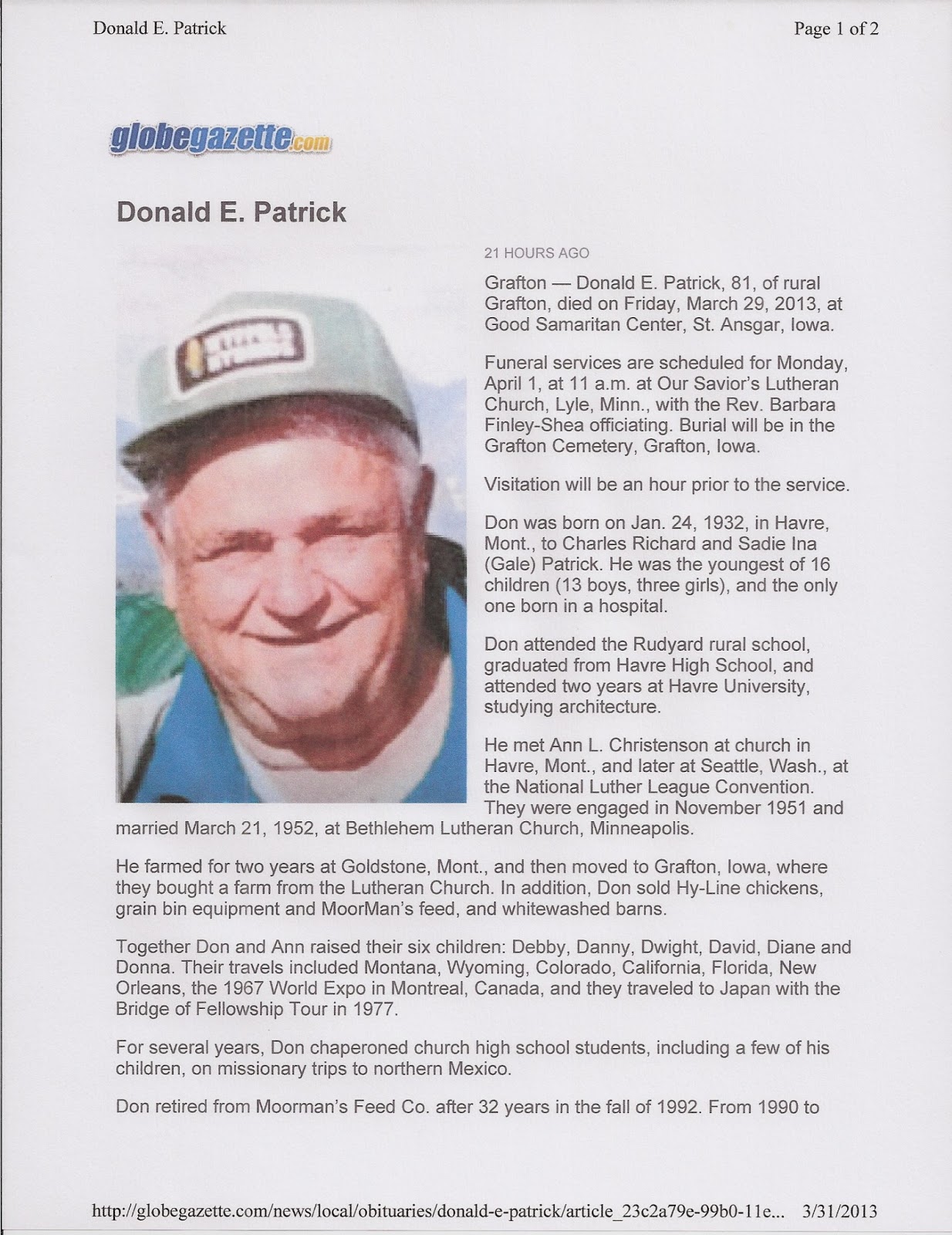 Patrick Post Donald Edgar Patrick Dies on March 29, 2013 in St. Ansgar