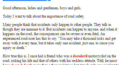 short speech on road accidents