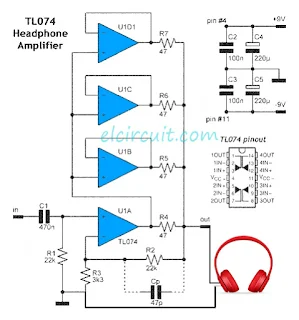 Headphone Amplifier uses 1 piece TL074 IC