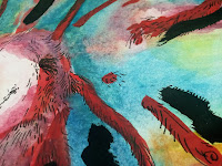 Close up photo of Kostas Gogas' drawing Red Fluffy Alien, depicting exactly that on a light green-blue background. Click to Enlarge.