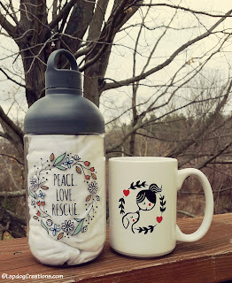 Peace Love Paws water bottle and mug