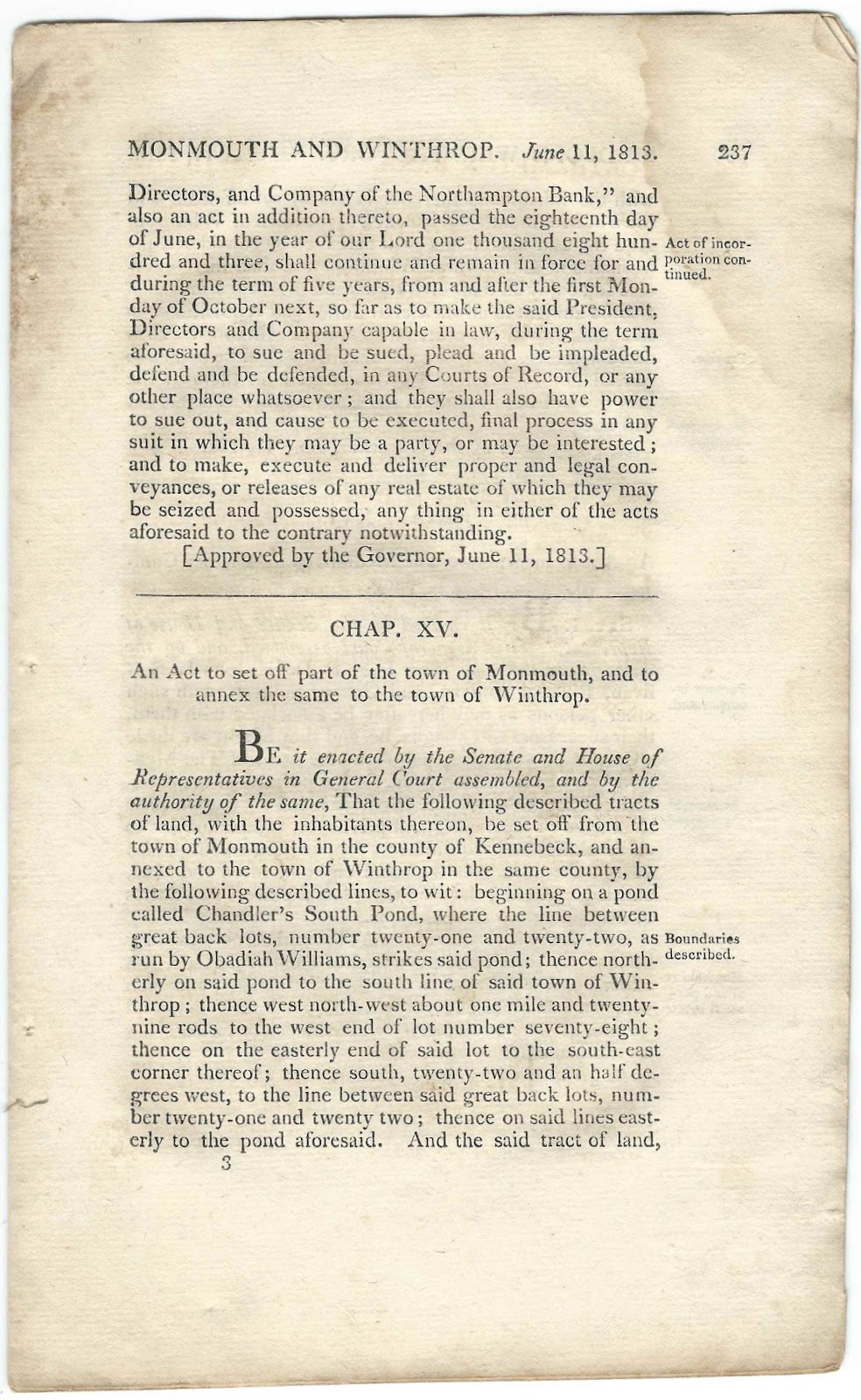 Heirlooms Reunited 1813 Act to Set Off Part of Monmouth, Maine, and