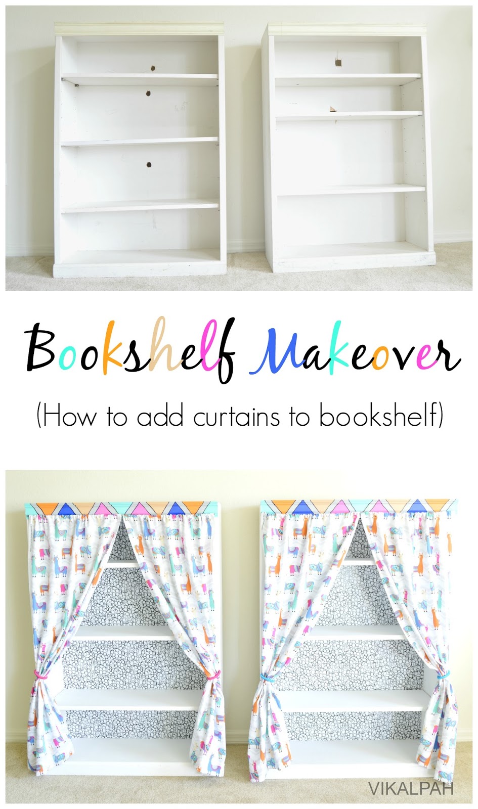Vikalpah Bookshelf makeover How to add curtains to bookshelf