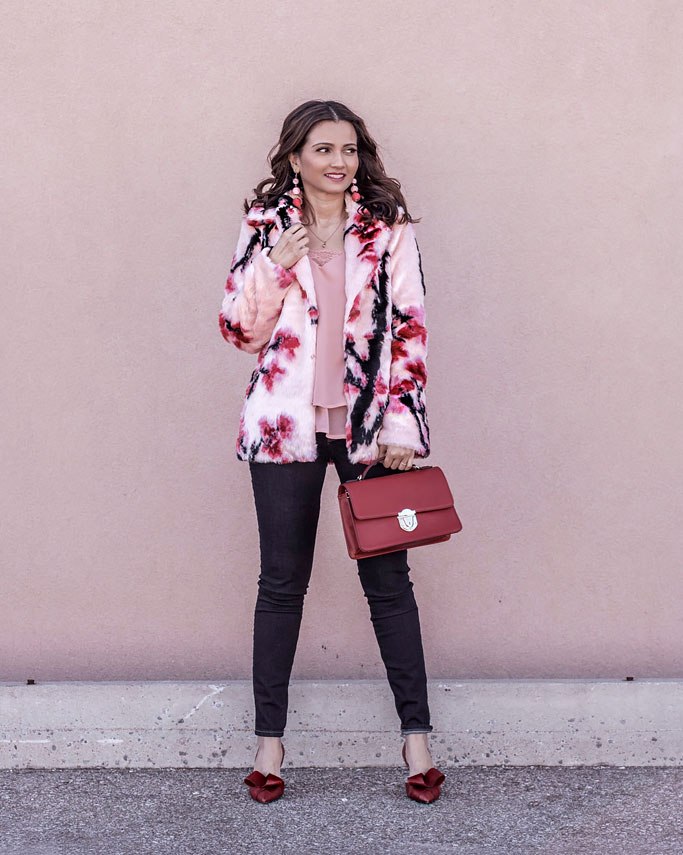 Guess Lily Pink Faux-Fur Coat Nine West Red Baldree Bag and McFally D'Orsay Bow Red Pumps Blogger Outfit