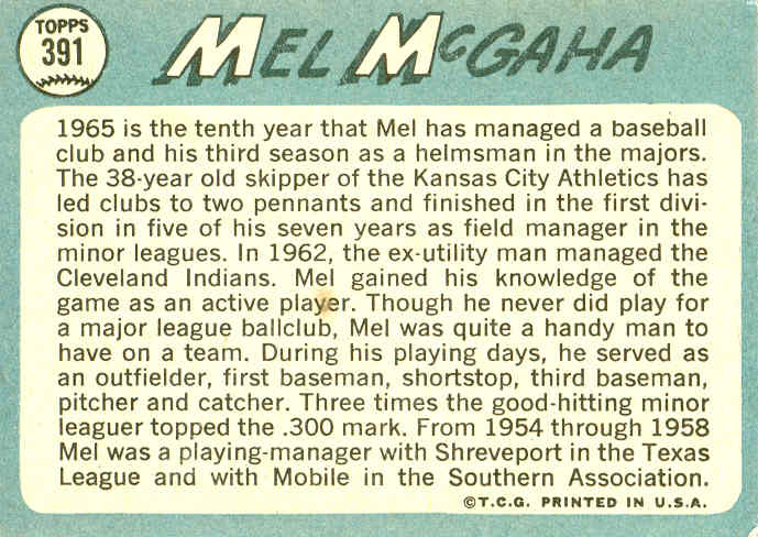 1965 Topps Baseball Final Card Mel McGaha