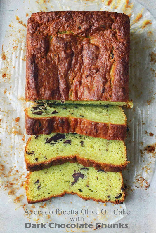 Milk and Honey Avocado Ricotta Olive Oil Cake with Dark Chocolate Chunks