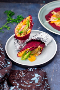 Baked chickpea falafels and hummus in a beetroot flatbread