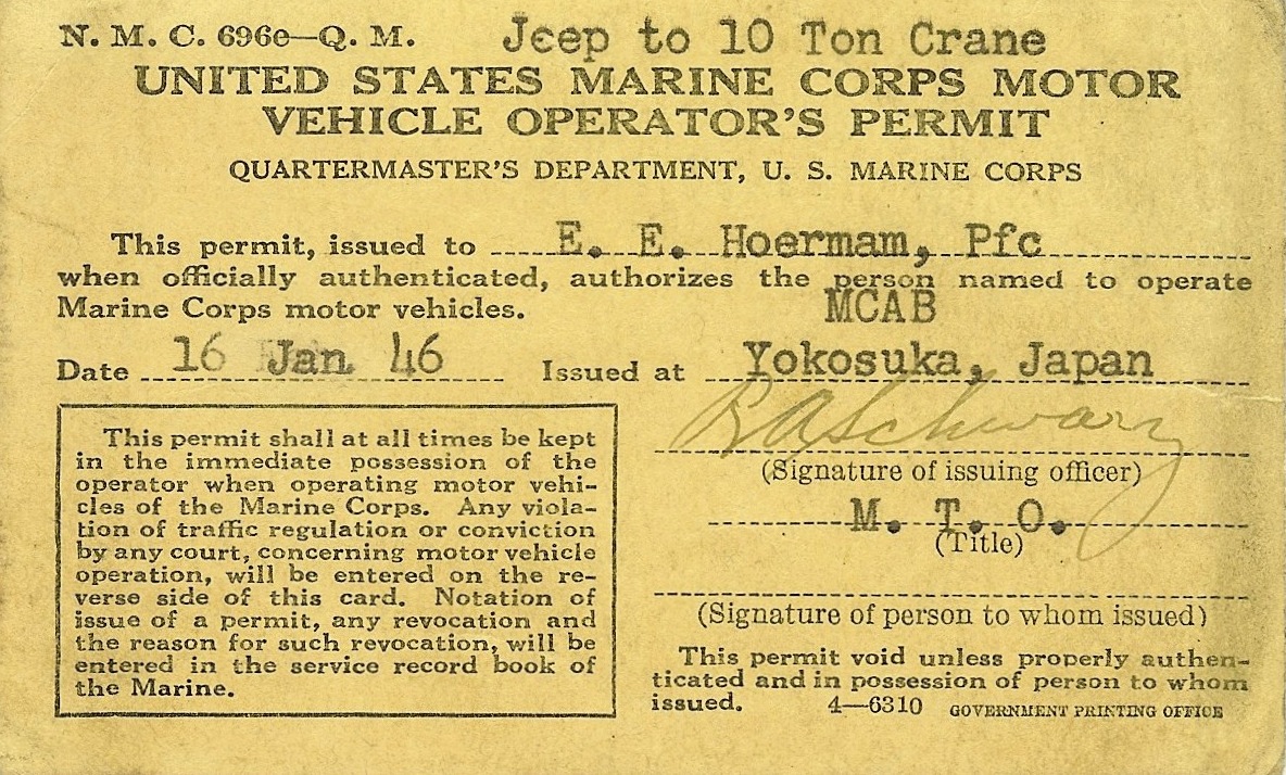 Four Bees WW2 USMC Driver's License, Marine Corps Assault Battalion, Yokosuka Japan, Occupied