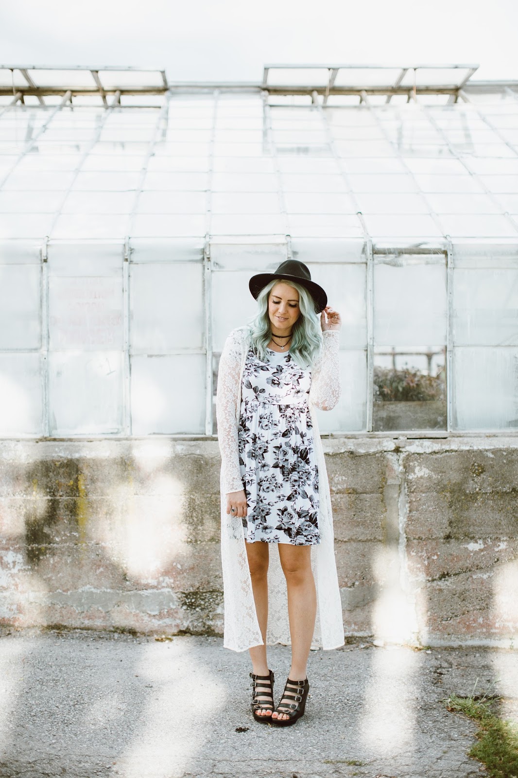 Black and White Floral Dress, Lace Cardigan, Black Wedges