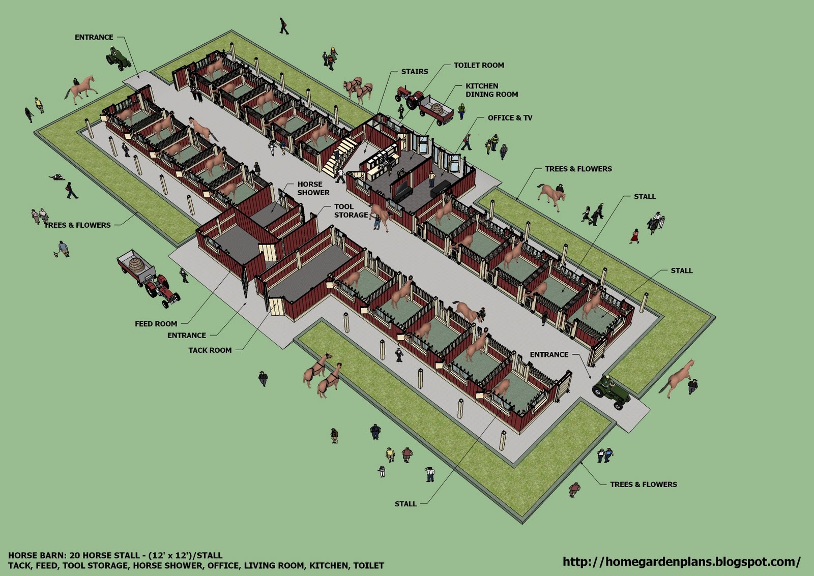 B20H - Large Horse Barn for 20 Horse Stall - 20 Stall Horse Barn Plans ...