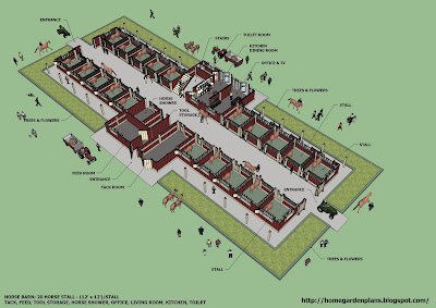 home garden plans: B20H - Large Horse Barn for 20 Horse 