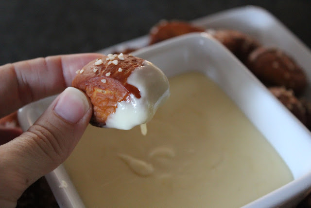 Soft pretzel bites with cheddar-mustard dipping sauce