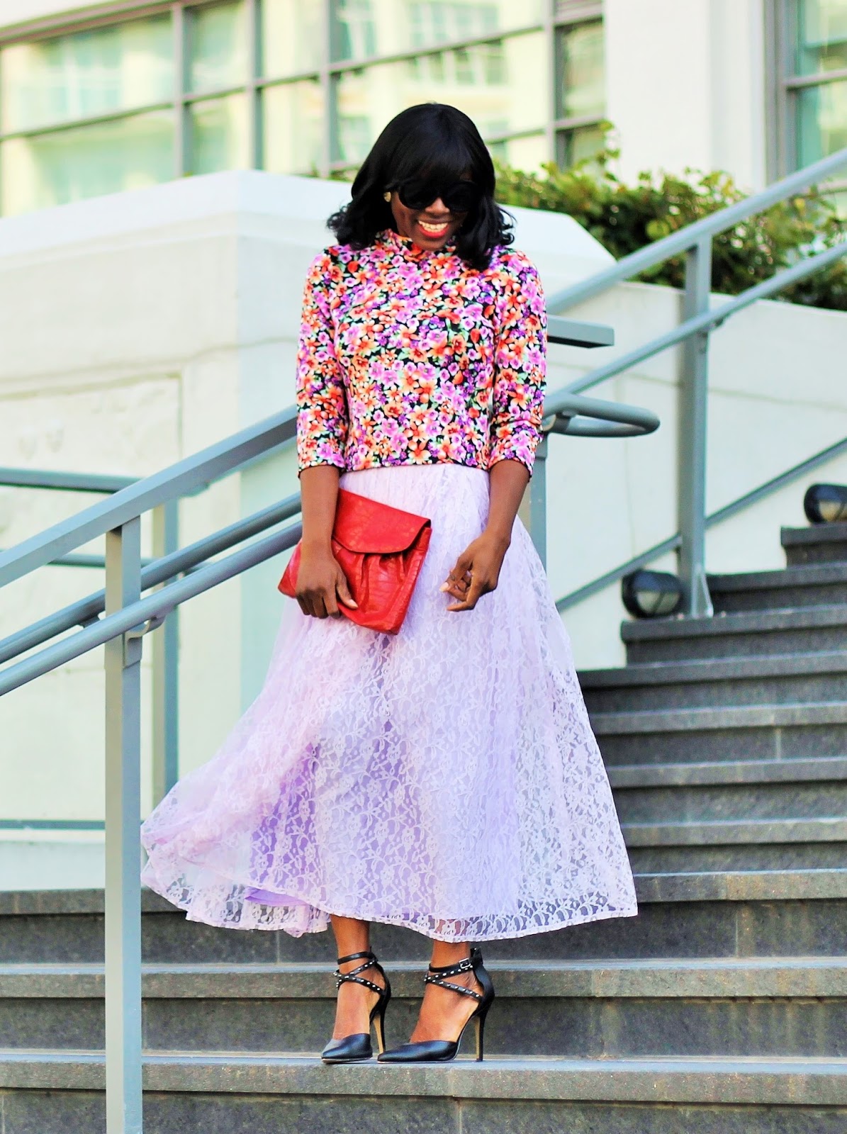 TORONTO FASHION WEEK ROOKIE STYLE: Lace midi skirt and  flroral print top