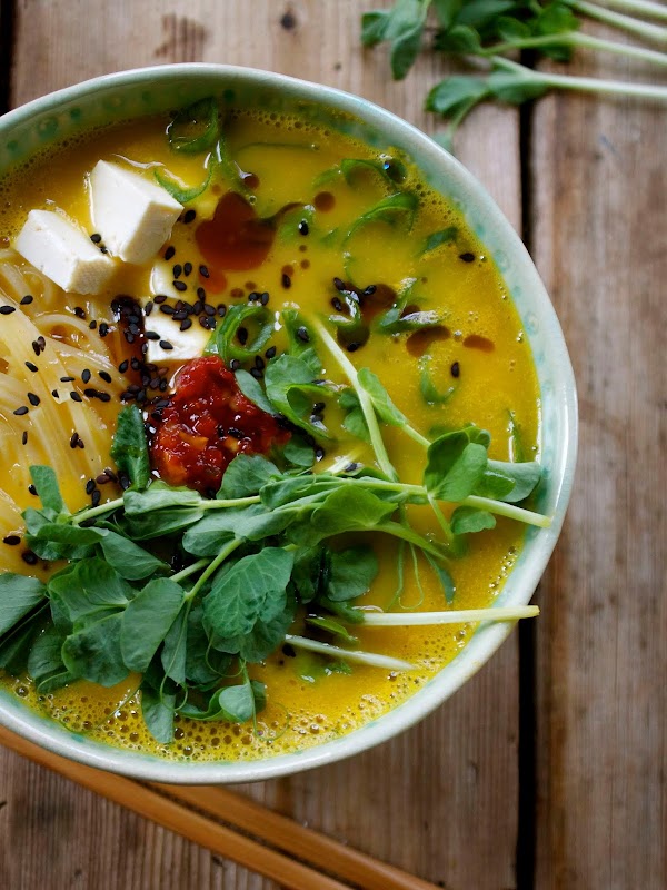 Butternut Squash Ramen Bowl with Rice Noodles, Tofu & Fresh Pea Shoots Butternut Squash Ramen Bowl with Rice Noodles, Tofu & Fresh Pea Shoots