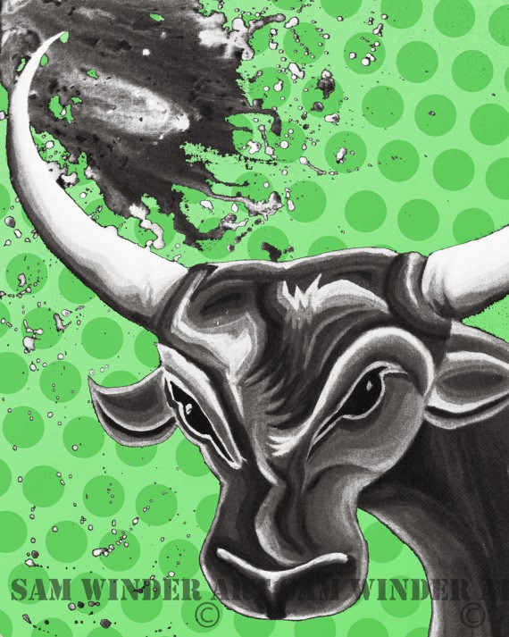 Sam Winder Bull Poster 16x20 Green Splatter Paint