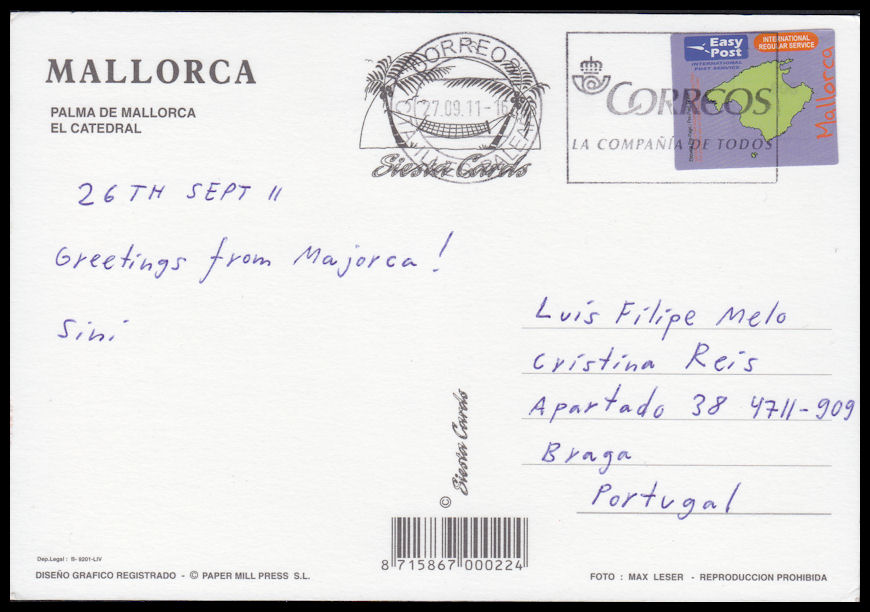 Sent & Received SPAIN Postcard from Maiorca, Spain to Braga Portugal