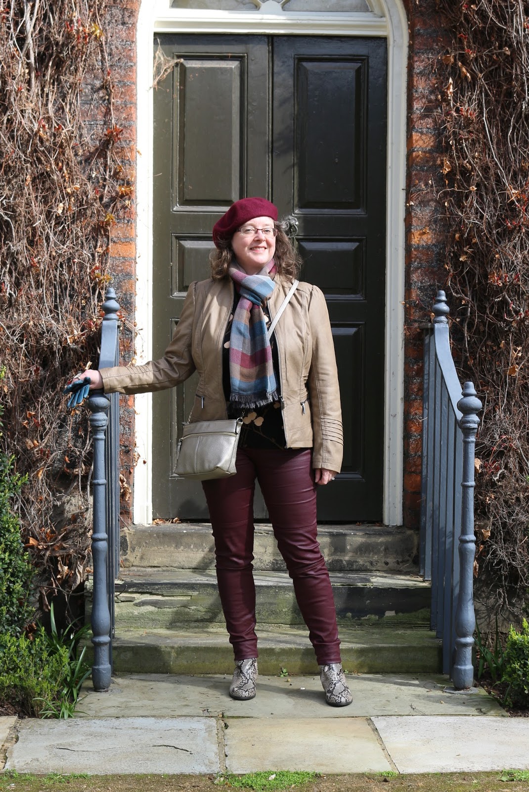 Stylish Look on a Budget; Faux Leather Jacket, Burgundy Coated Biker Jeans, Snakeskin Boots, beret | Petite Silver Vixen, over 40 style