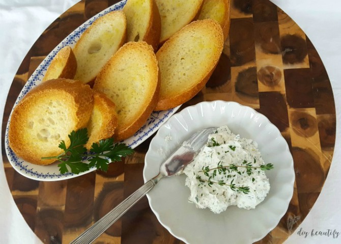 herbed goat cheese on toasted baguette slices